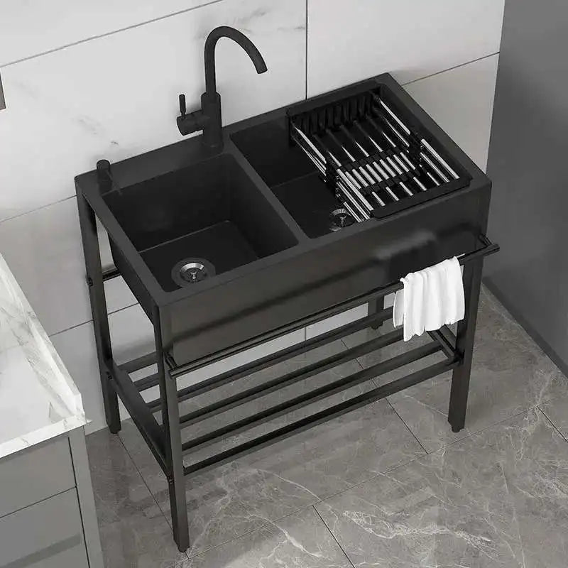 Bracket Integrated Vegetable Basin with Stainless Steel Kitchen Sinks Large Dishwashing Basin Floor-standing Balcony Double Sink