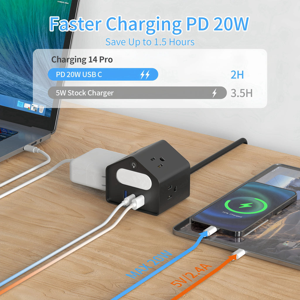 US-standard mini socket with PD18W fast charging, new and creative socket design, 2-meter extension cord, suitable for office, h