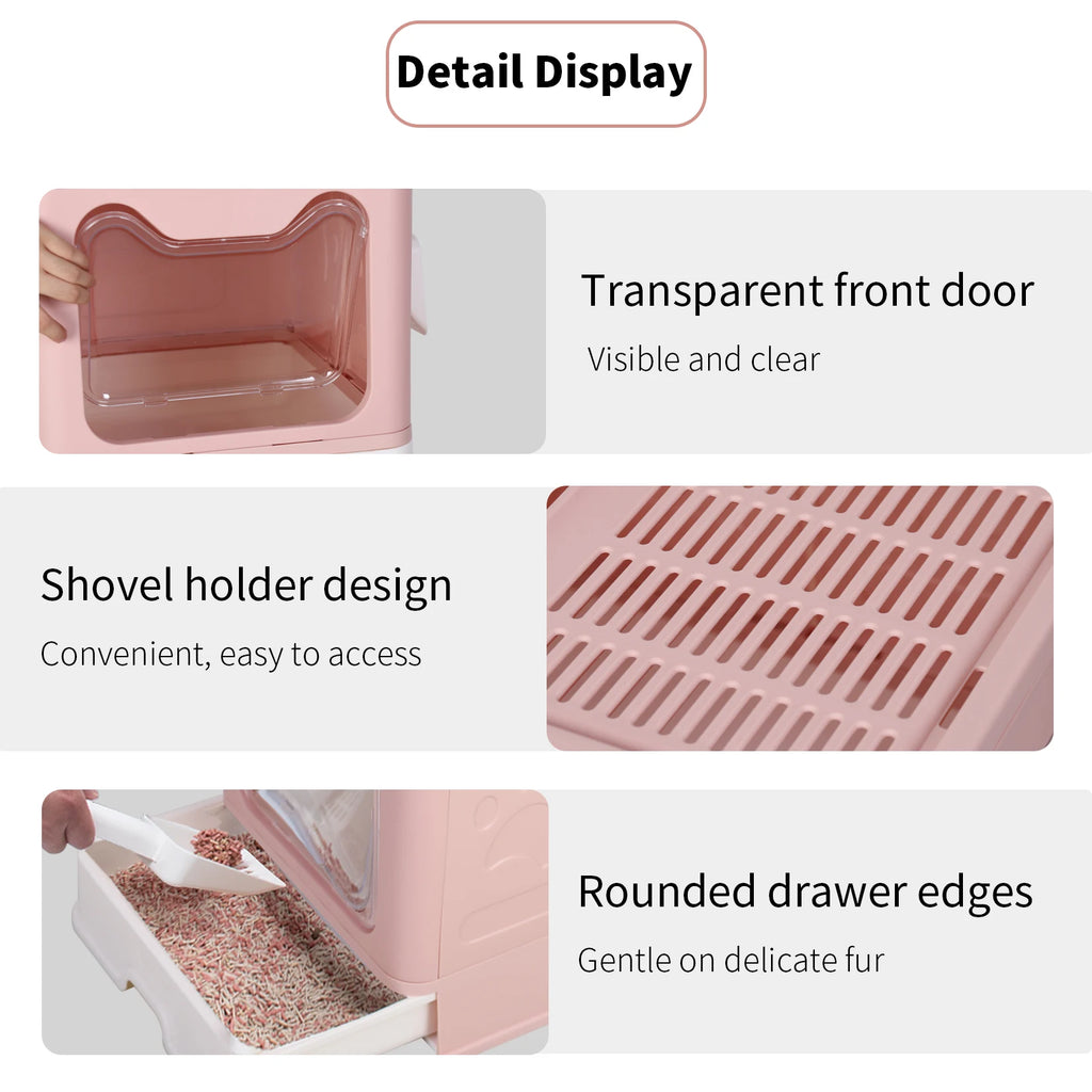 Large Enclosed Cat Litter Box Self-Cleaning No Smell Pet Kitty Toilet Box with Scoop & Tray Foldable