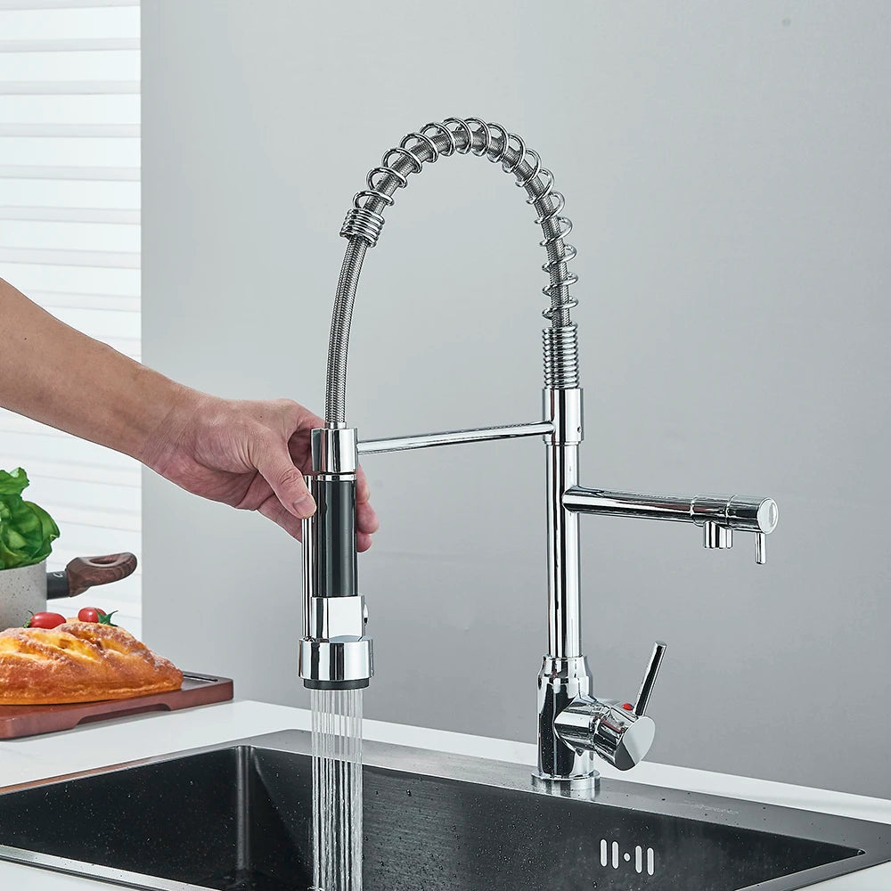 Chrome Removable Gourmet Kitchen Faucet Double Spout Rotatable Deck Mount Single Handle Cold Hot Water Mixer Kitchen Sink Crane
