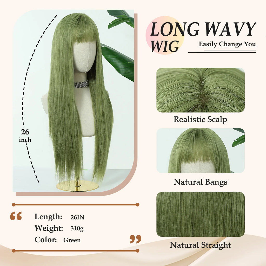 Allbell Magique Mint Green Long Straight Synthetic Wig With Blunt Bangs Natural Look Green Cosplay Wig For Women Versatile Daily