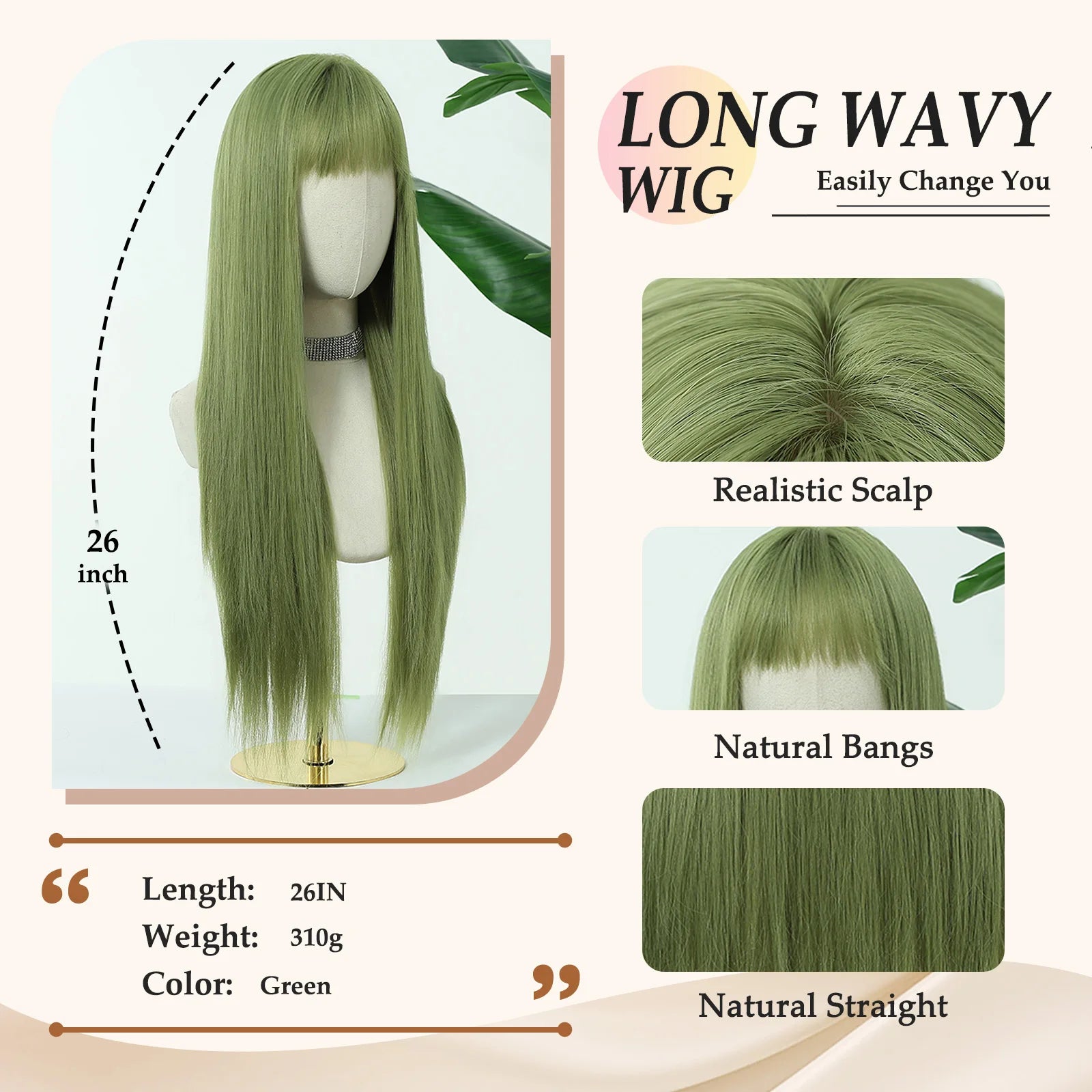 Allbell Magique Mint Green Long Straight Synthetic Wig With Blunt Bangs Natural Look Green Cosplay Wig For Women Versatile Daily