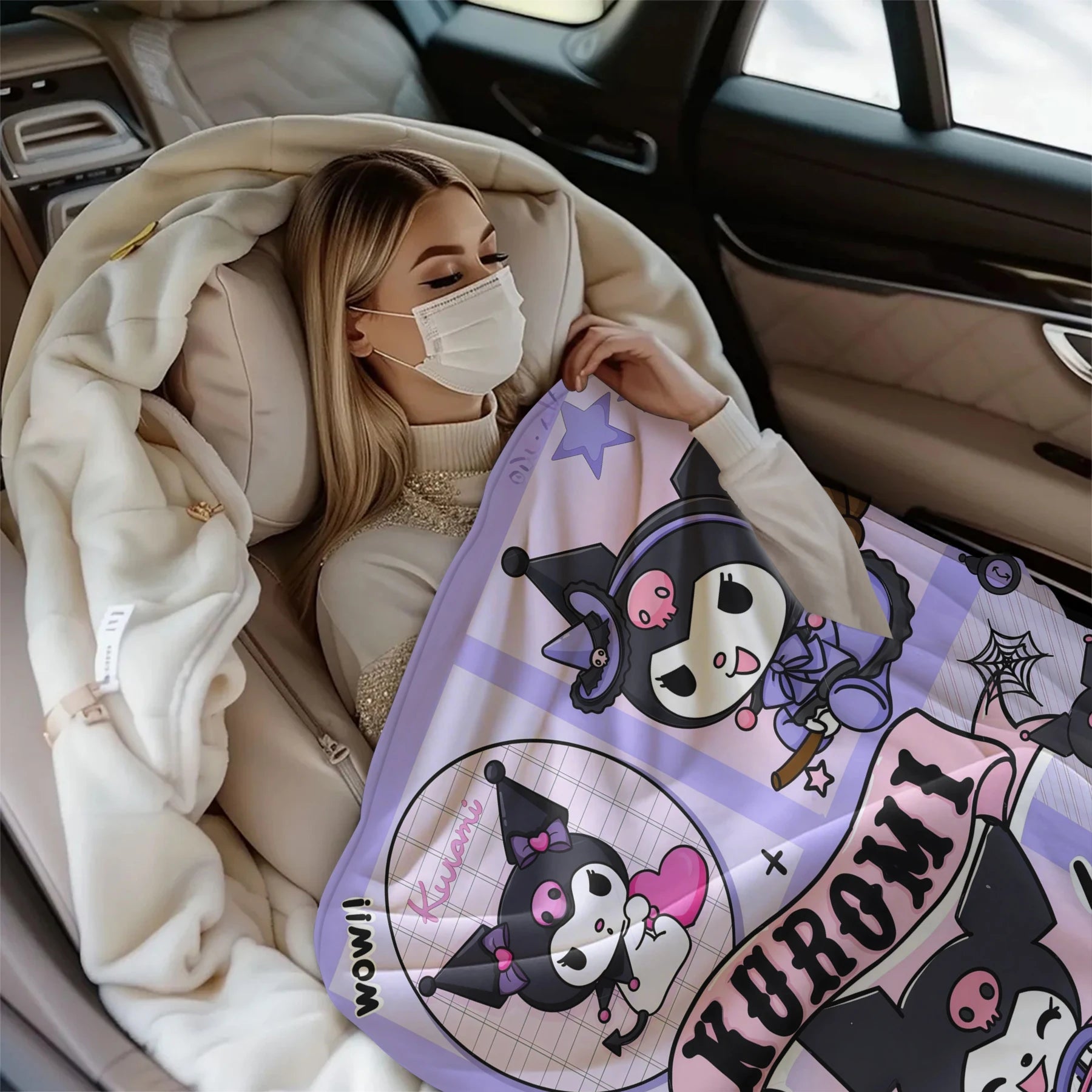 Kuromi Purple Cartoon Car Blanket Cute Comic Strip Pattern Flannel Plush Throw for Home Decor Portable Travel Camping Blanket