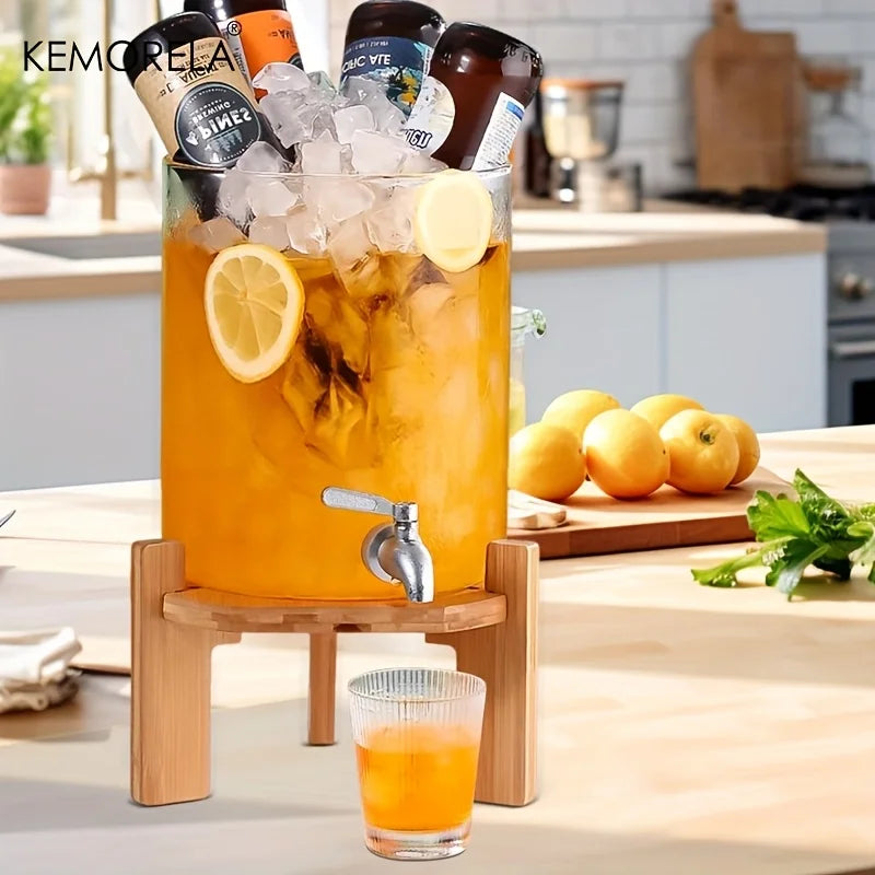 5L Glass Beverage Dispenser with Stand - Clear Drink Dispenser with Spigot Needed Durable Glass & Wood Base for Parties Bar