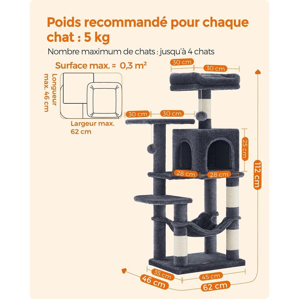 Feandrea Cat Tree, 112 cm Cat Tower for Indoor Cats, Multi-Level Plush Cat Condo with 4 Scratching Posts, 2 Perches, Cave