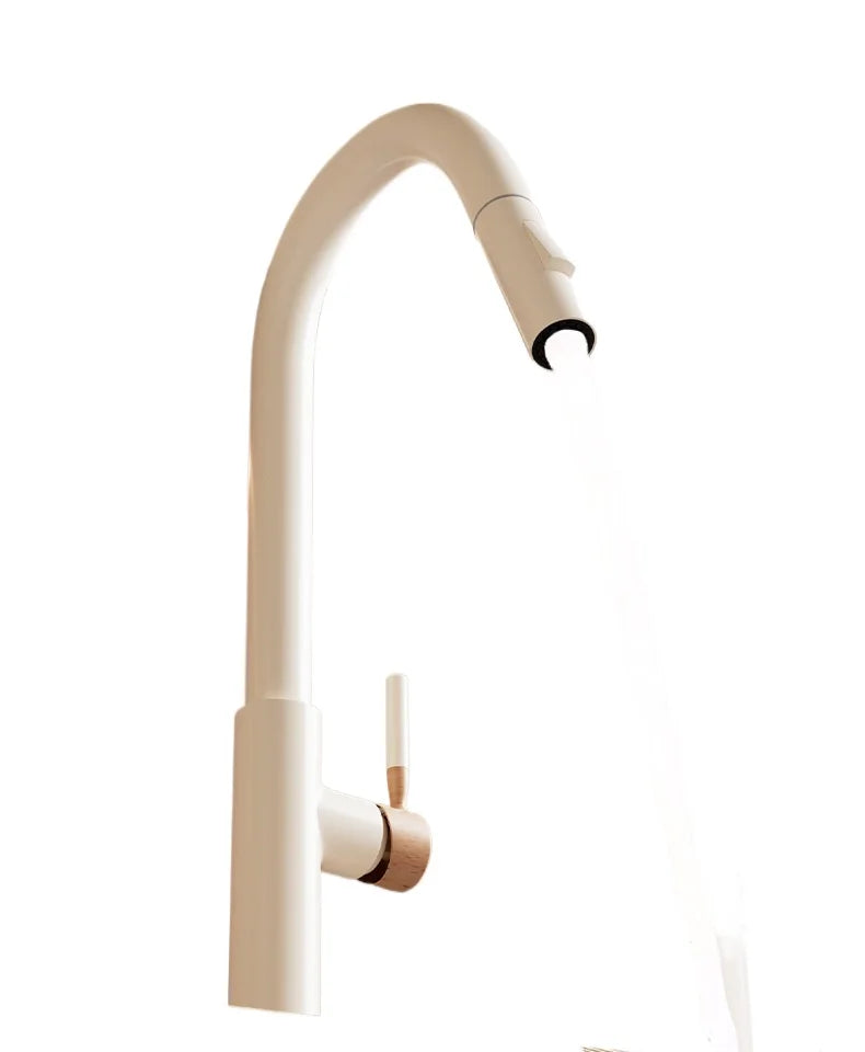 Wooden cream pull-out hot and cold all copper faucet, kitchen retractable rotating vegetable washing sink faucet