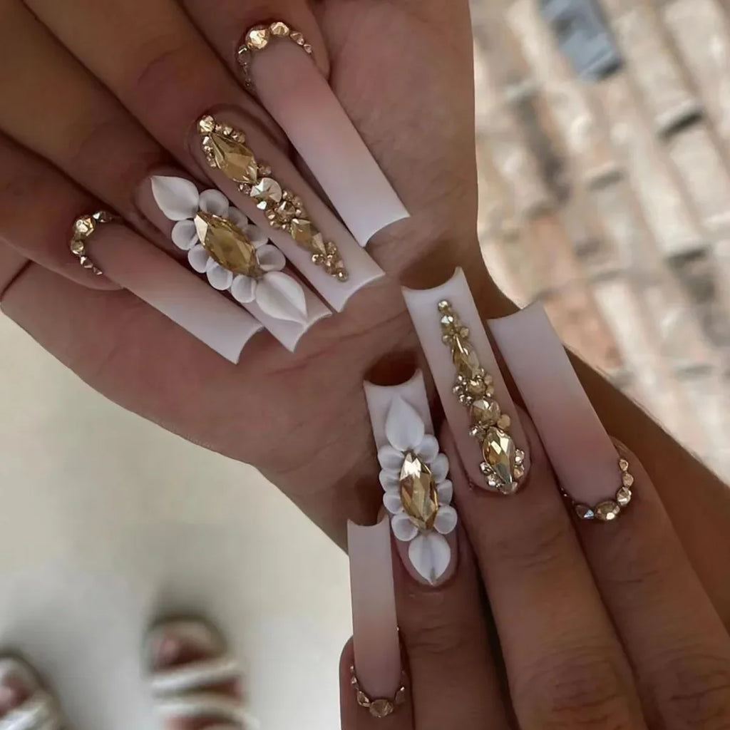 10Pcs Long French Fake Nails with Glue Ballet False Nails Butterfly Rhinestone Design Press on Nails Wearable Coffin Nail Tips