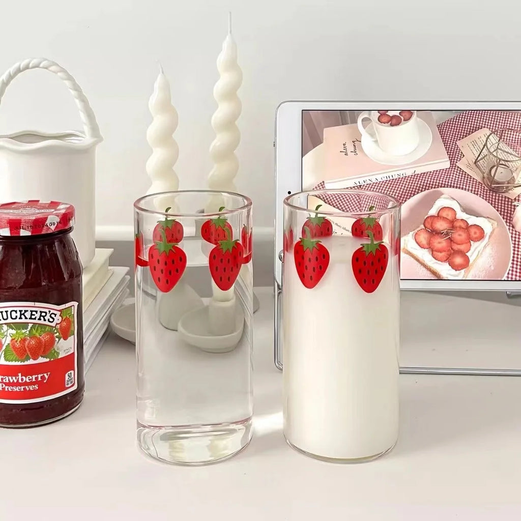 360ml Strawberry Cute Glass Cup With Straw Creative Transparent Water Cup Student Milk Heat Resistant Glass Nana