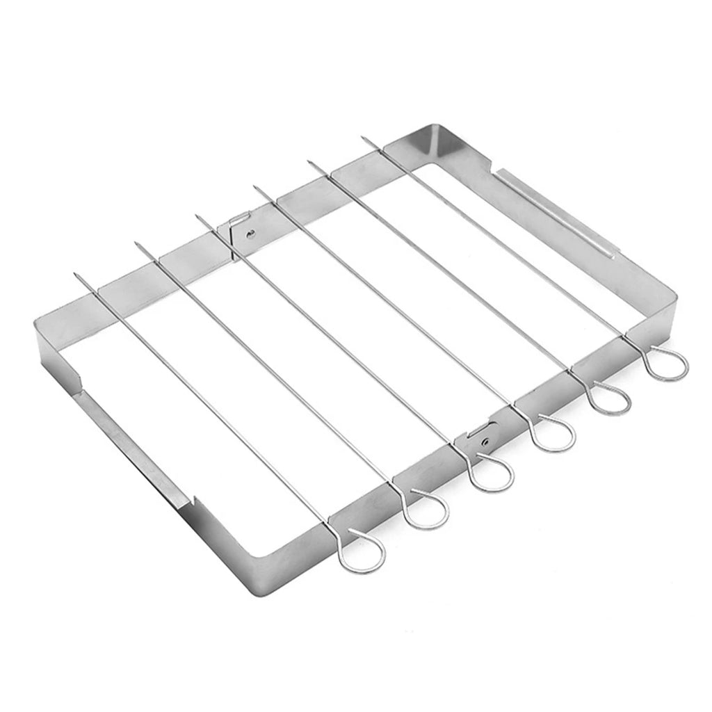 BBQ Skewer Rack Stainless Steel BBQ Metal Skewers Foldable Rotating Rotisserie Grill Rack with 6 Skewers for Shish Kebab