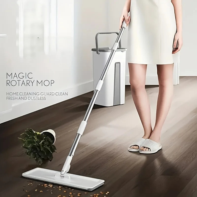 Hand-Free Flat Mop and Bucket Set Wet Dry Floor Cleaning System for Home Room Floors