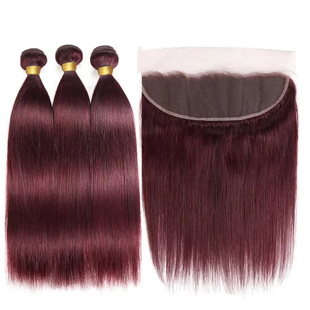 100% Human Hair Burgundy 99J Straight Bundles with Frontal 13x4 Brazilian Hair Weaving 3Pcs Bundles with Closure Raw Human Hair