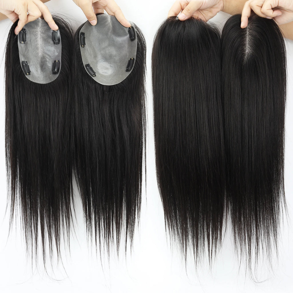 Silk Skin Base Topper for Women PU Toupee with Clips in 14x17cm Natural Scalp Real Virgin European Human Hairpieces Dark Brown