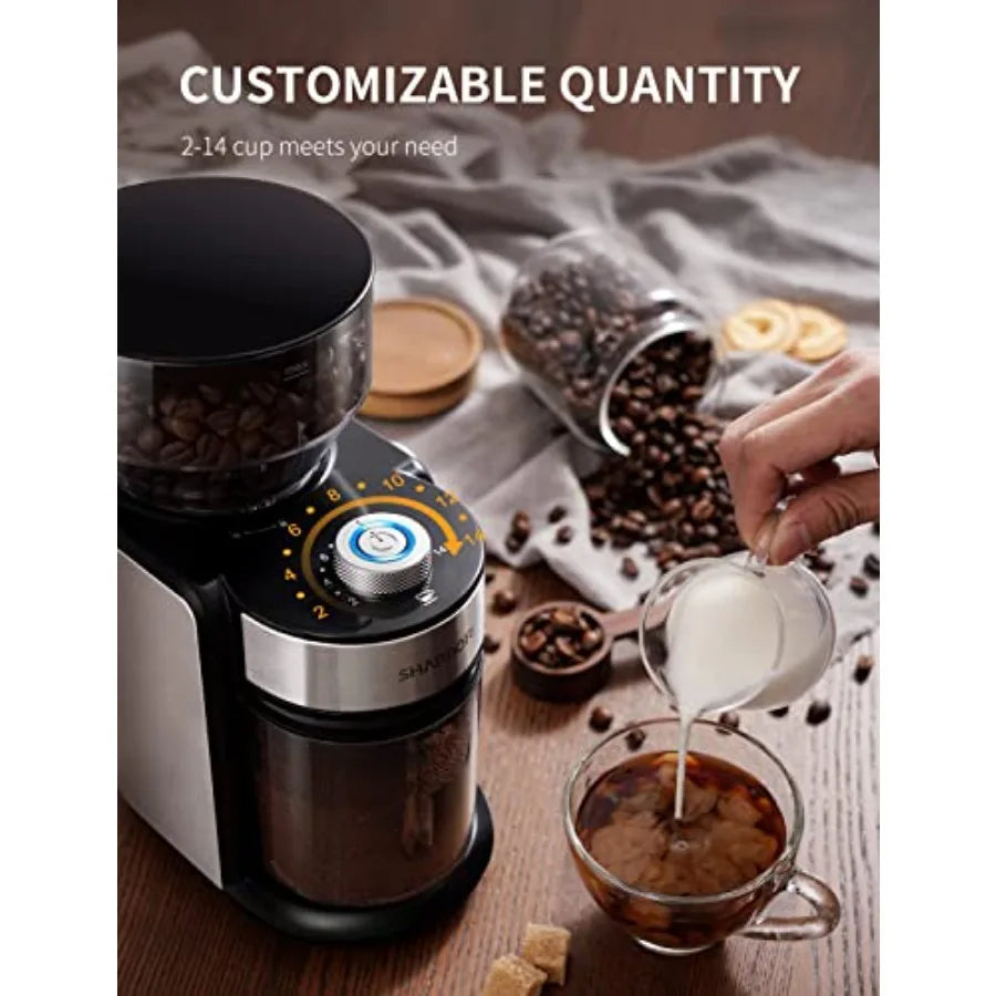 Electric Adjustable Burr Coffee Bean Grinder with 16 Precise Grind Settings for 2-14 Cup Silver