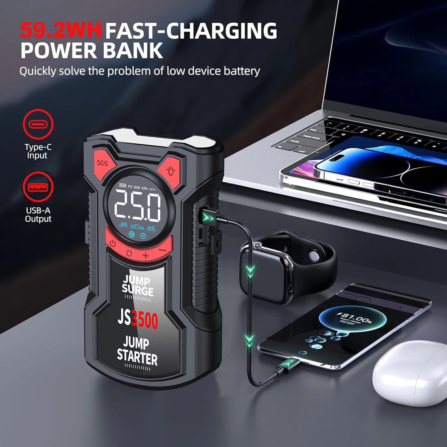 5-in-1 Multifunctional Air Pump Jump Starter with Air Compressor 3000A Peak/150PSI Battery Jump Starter Digital Tire Inflator