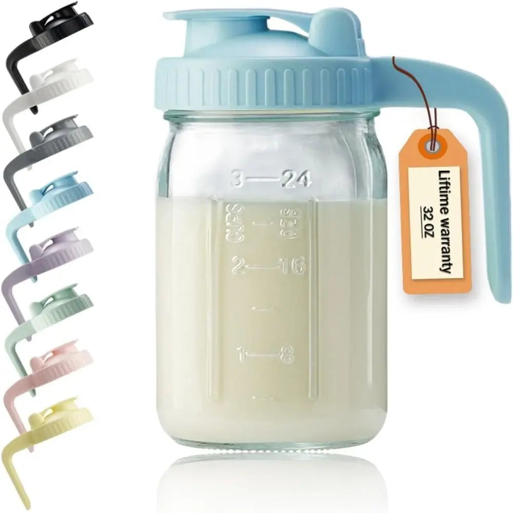 32oz Glass Cup Large Capacity Transparent Wide Mouth Mason Jar with Handle and Lid Leak-proof Glass Water Pitcher for Cold Brew