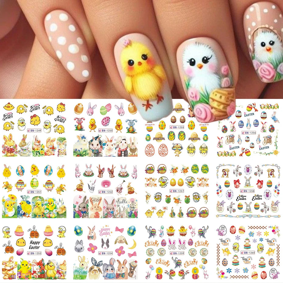 12Design Cartoon Animal Nail Art Water Transfer Stickers With Cute Bunnies And Colorful Eggs Nail Decals for Easter DIY Nail art