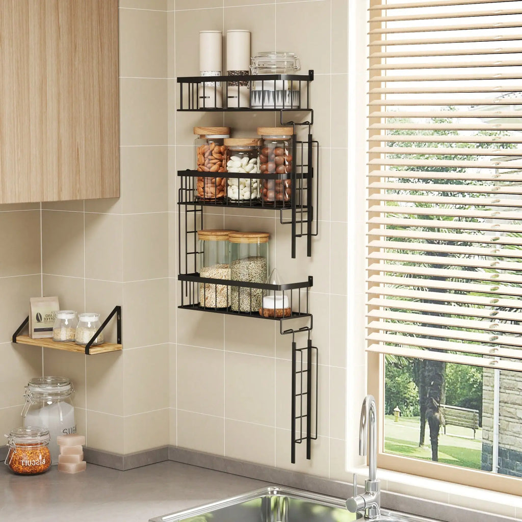 3-Tier New York Style Ladder Shelf Black Metal Floating Shelf for Bedroom Office Storage