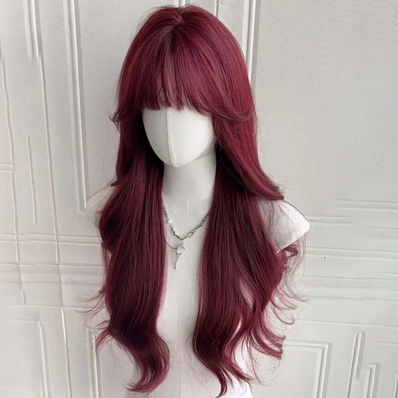 Red wine color synthetic wig with big waves for Halloween party, Cosplay wig, everyday wig, high-temperature hair fiber wig set