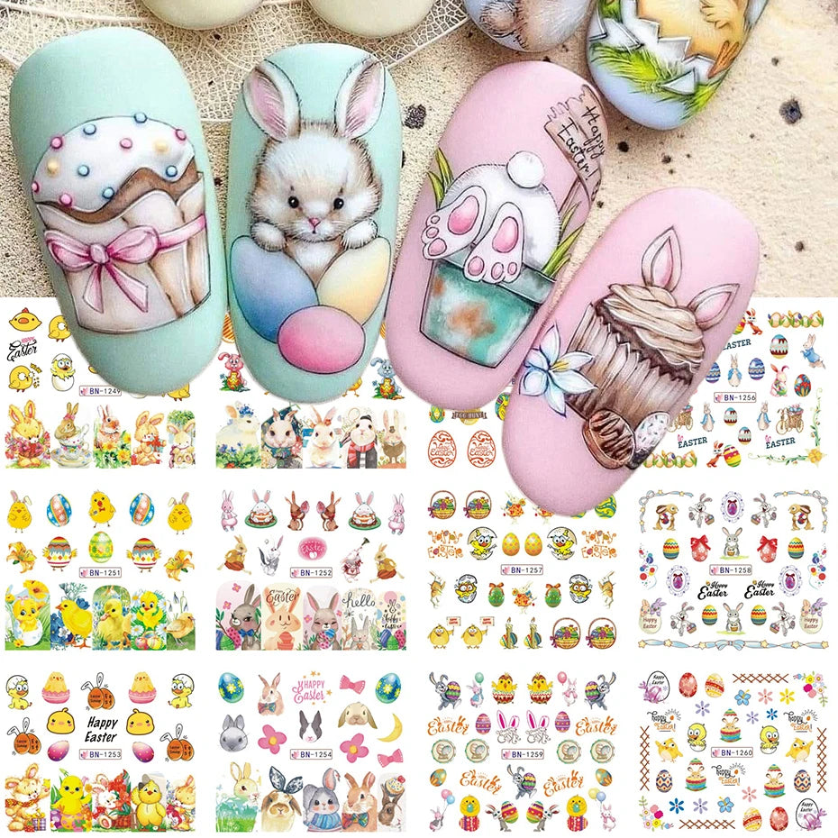 12Design Cartoon Animal Nail Art Water Transfer Stickers With Cute Bunnies And Colorful Eggs Nail Decals for Easter DIY Nail art