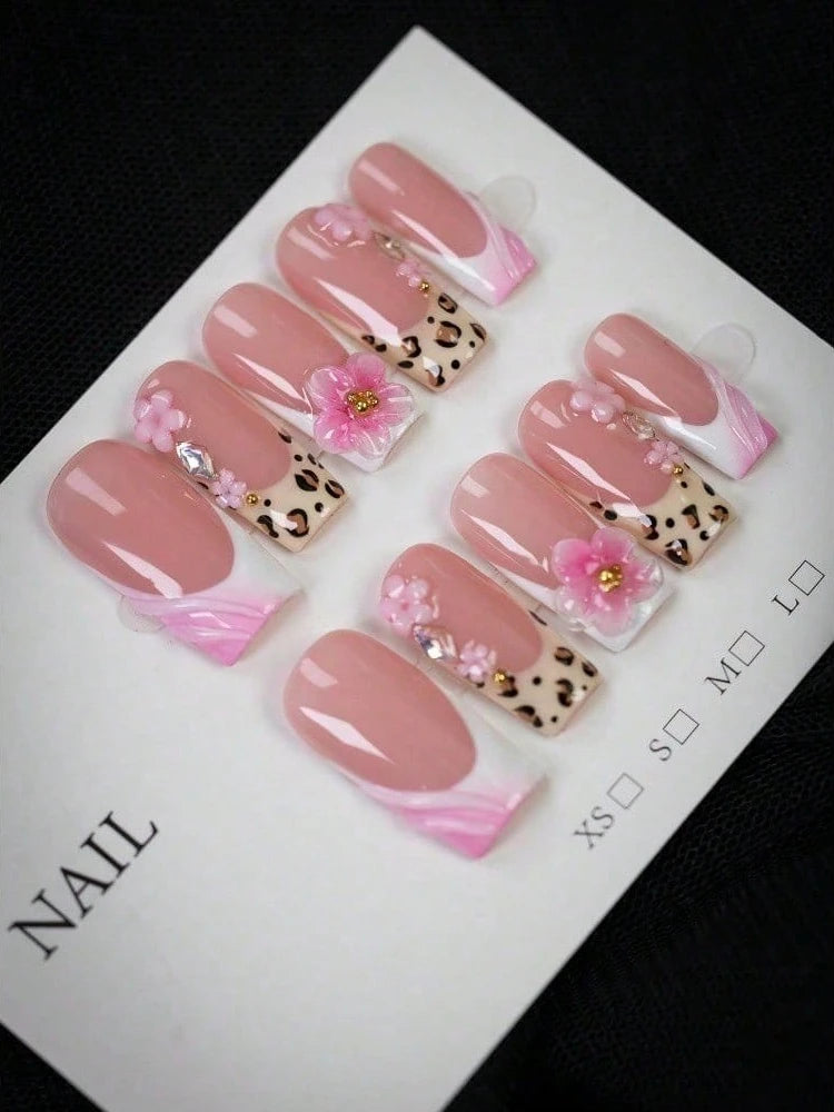 10pcs - Y2K Style Leopard Print Pink Flower Press on Nails, Pink Flower Gold Bead Square Nails - Leopard Print Design