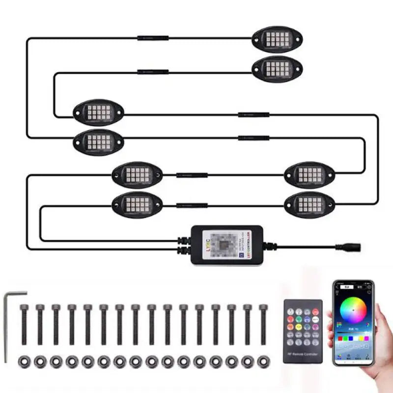High Quality 8Pods RGB LED Rock Lights APP Control For Jeep Off-Road Truck UTV ATV Underbody Wheel Lights Car LED Chassis Strip