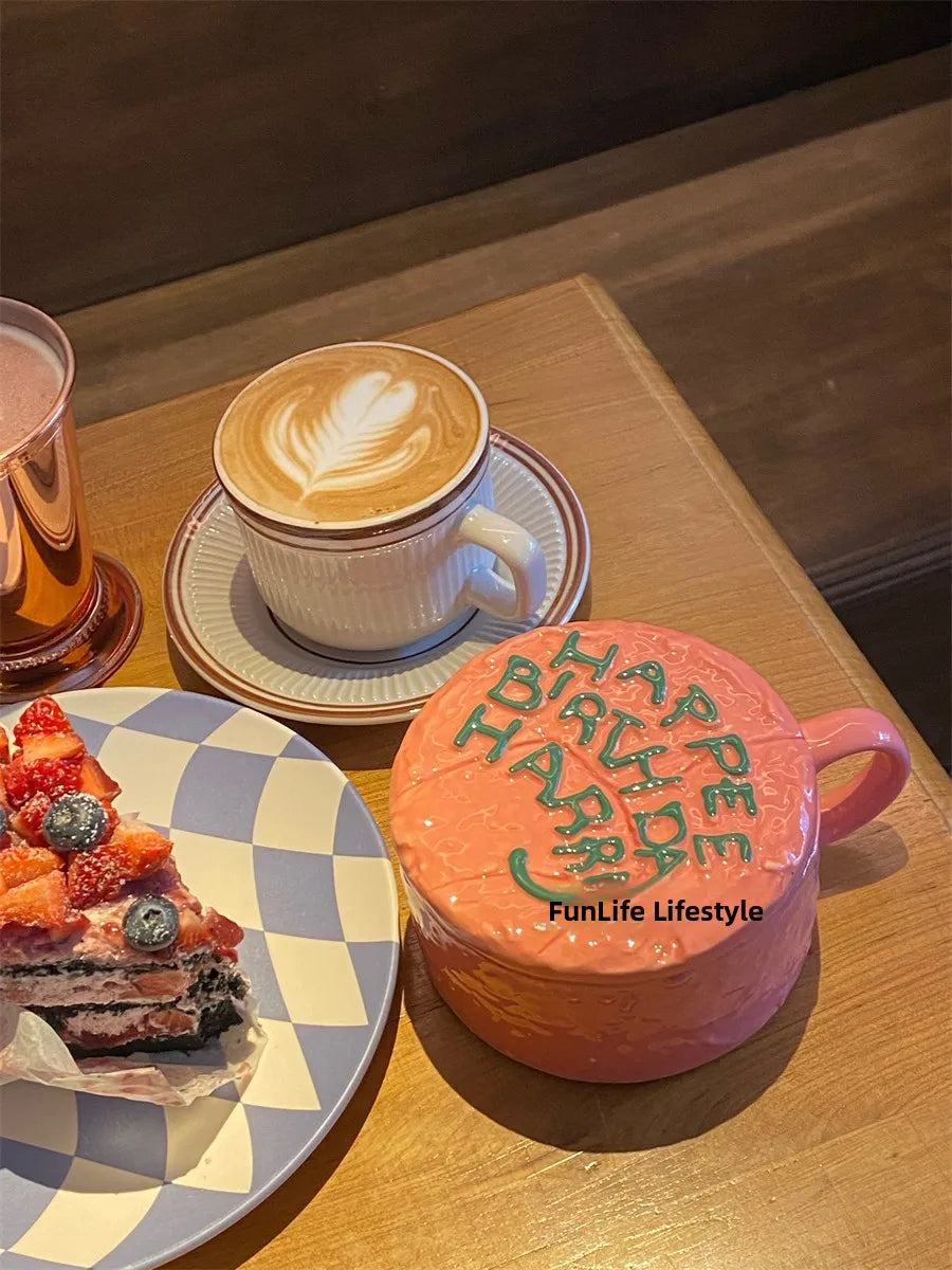 Adorable Pink Happy Birthday Ceramic Mug FunLife Coffee Cup Breakfast Mug Korean Style Universal Design 350ml Capacity
