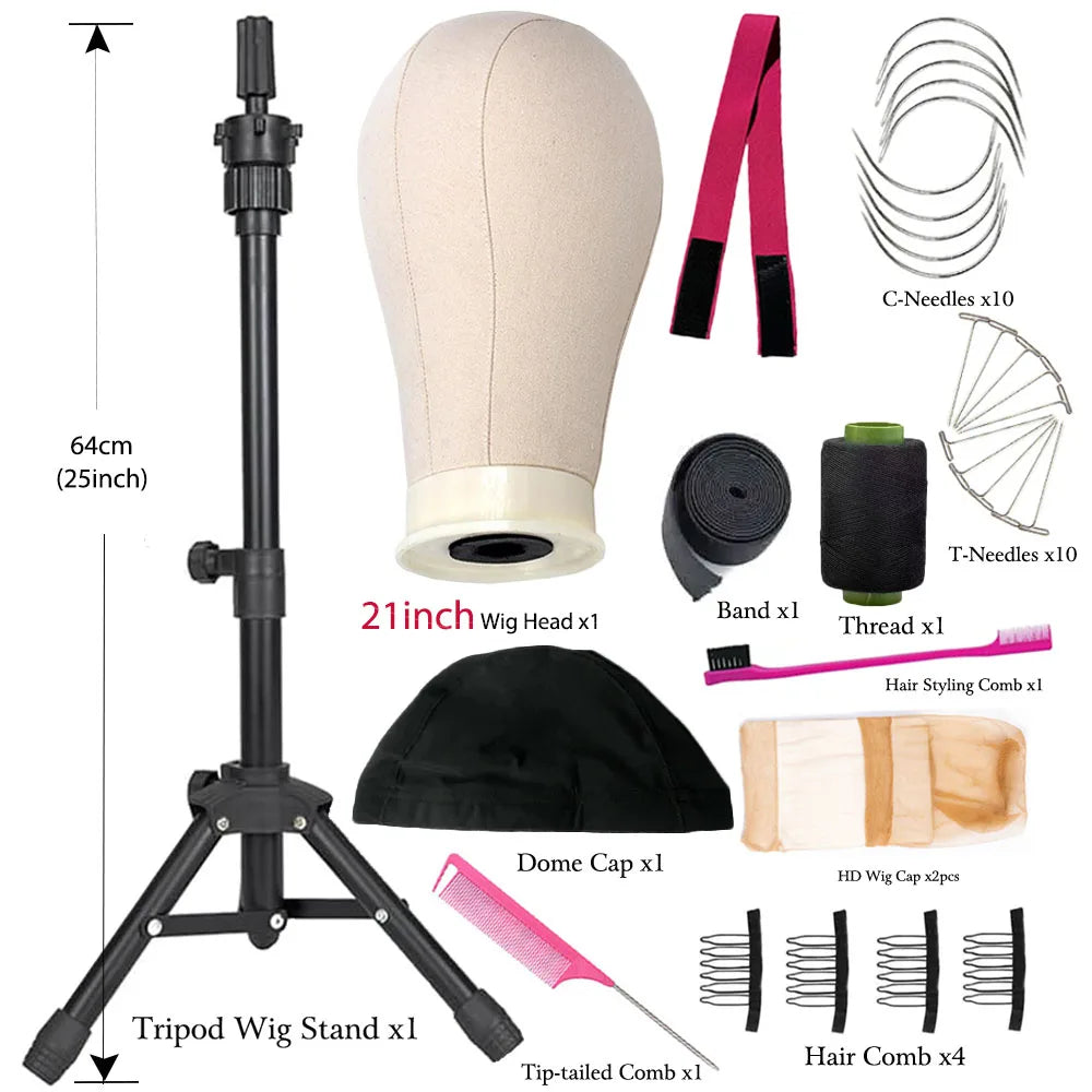 Canvas Block Head Set for Wig Display Making Hair Weave and Styling Mannequin Head with Mount Hole C Stand, Styling Hair Clips