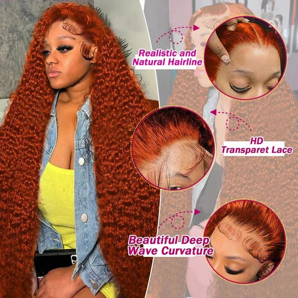 SIXQUEEN 30 34 Inch Ginger Orange Deep Wave 13x6 Lace Frontal Wig Human Hair Curly 350 Colored 13x4 Lace Front Wigs 260 Density