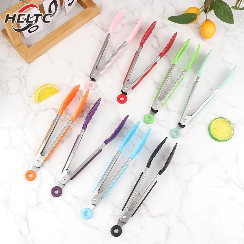 Silicone BBQ Grilling Tong Kitchen Cooking Salad Bread Serving Tong Non-Stick Barbecue Clip Clamp Stainless Steel Tools Gadgets