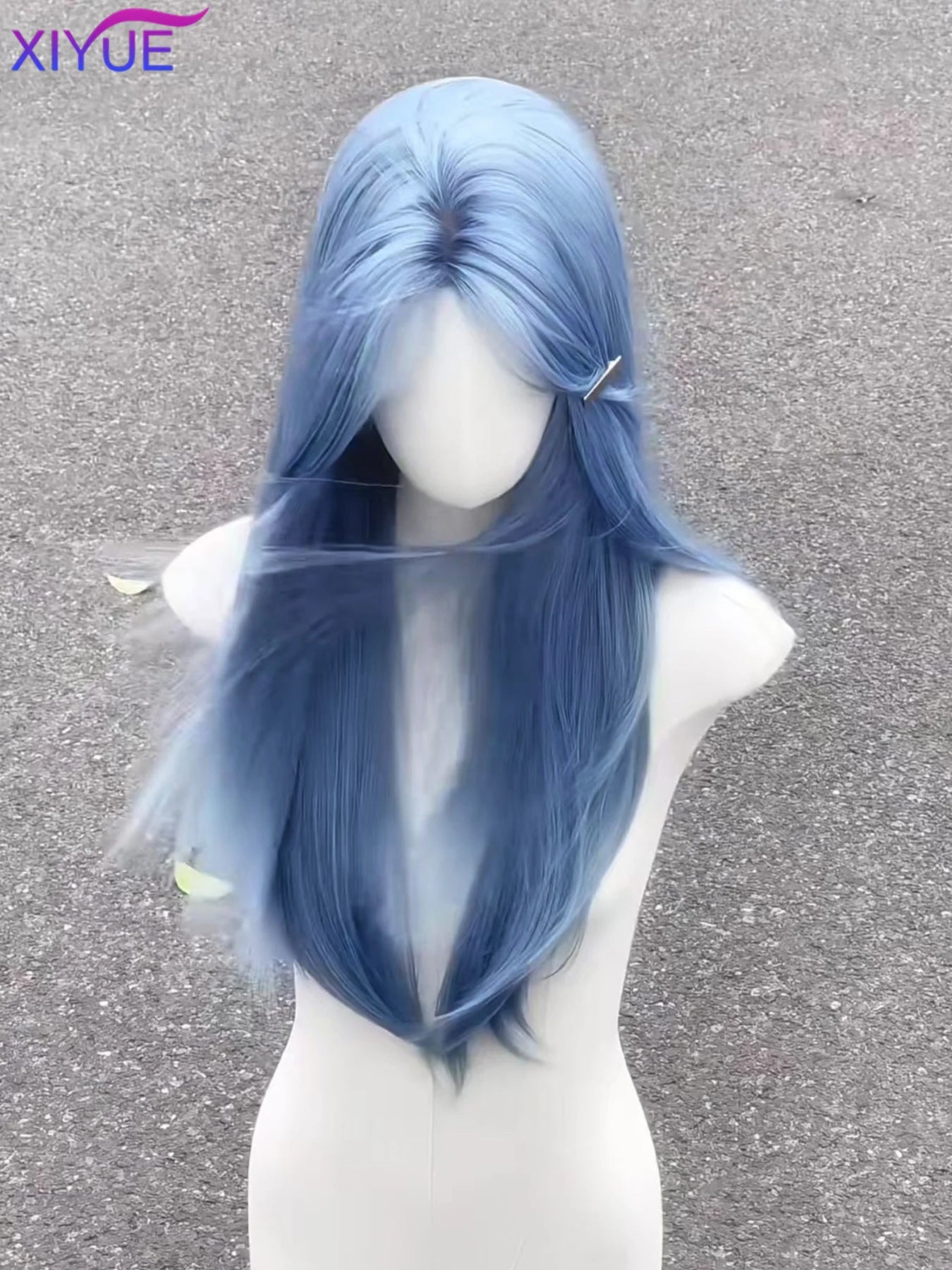Long Straight Synthetic Wigs Light Blue with Ash Highlight Cosplay Wig with Bangs for Women Natural Hair Heat Resistant Fiber