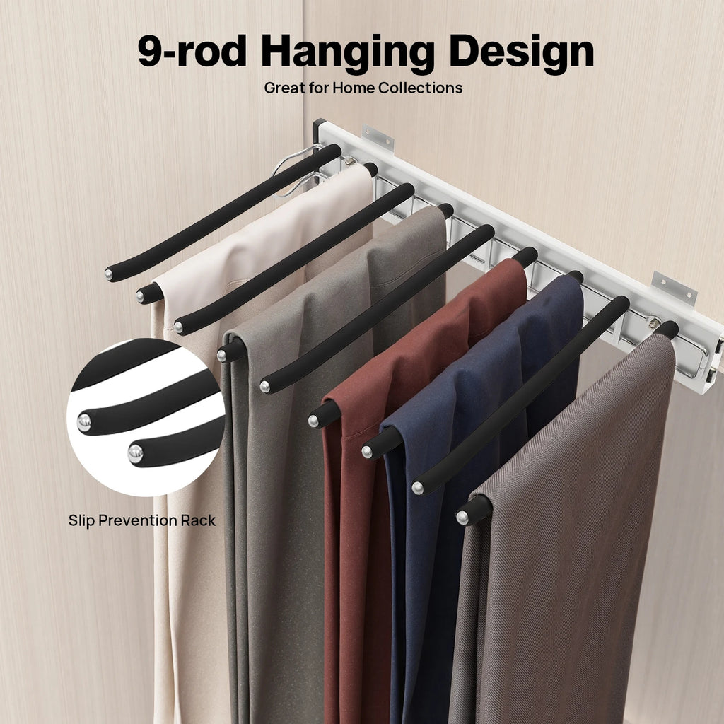 Pull Out Trousers Rack 9 Rods Retractable Wardrobe Pants Organizer Left/Right Wall Mount Space-Saving Closet Storage Rack
