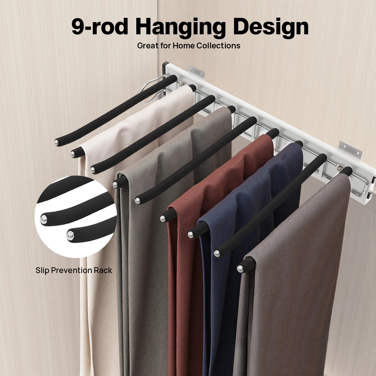 Pull Out Trousers Rack 9 Rods Retractable Wardrobe Pants Organizer Left/Right Wall Mount Space-Saving Closet Storage Rack