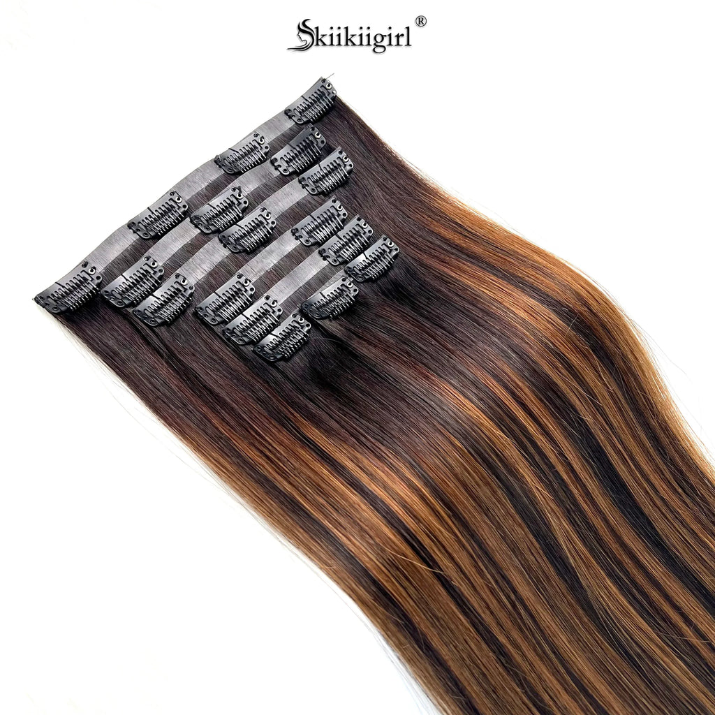 kiikiigirl PU Clip In Hair Extensions Human Hair 100% Remy Hair Seamless Weft Clip Ins For Women