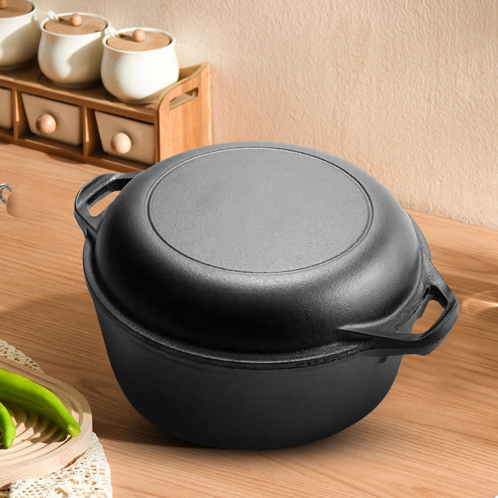 2 in 1 Cast Iron Dutch Oven with Skillet Lid Skillet Cookware Pan Set for Bread Frying Baking Camping BBQ