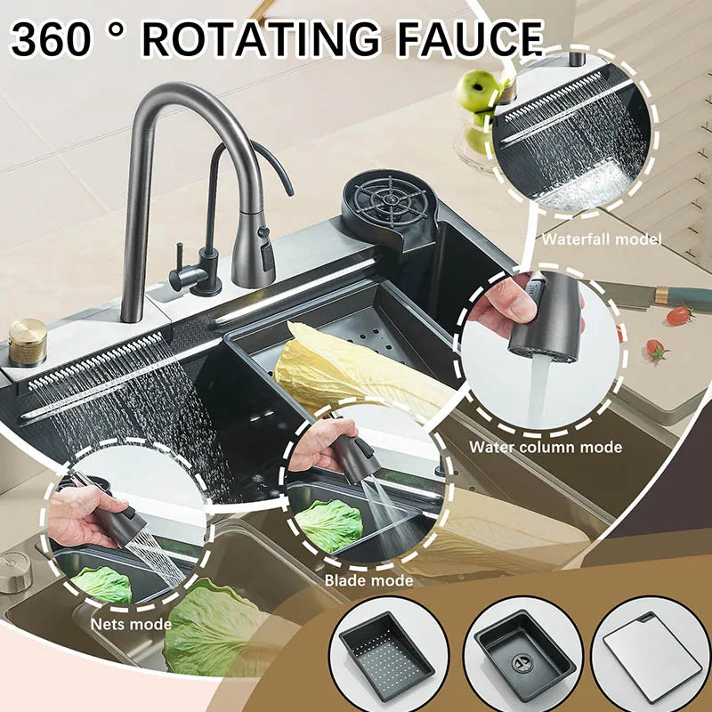 Single Slot Kitchen Sink with Faucet 304 Stainless Steel Large 60x45cm Rainfall 4 Functions Sink with Soap Dispenser,Cup Washer