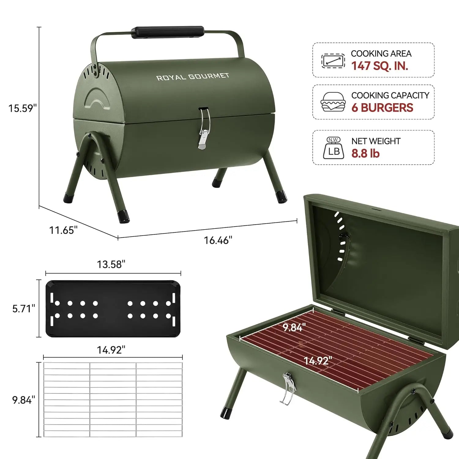 CC1015L Portable Charcoal Grill, 147 Sq. In. Cooking Area, with Four Air Vents, Lid Latch Buckle, Lid Handle, for, Customized