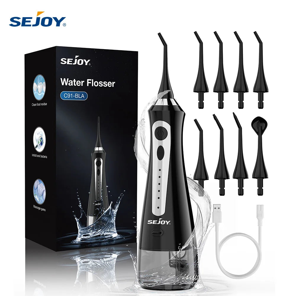 SEJOY Portable Electric Water Flosser Irrigator Dental Teeth Whitening strips 230ML Tank 5 Modes 5 Jet Tips For Home Travel