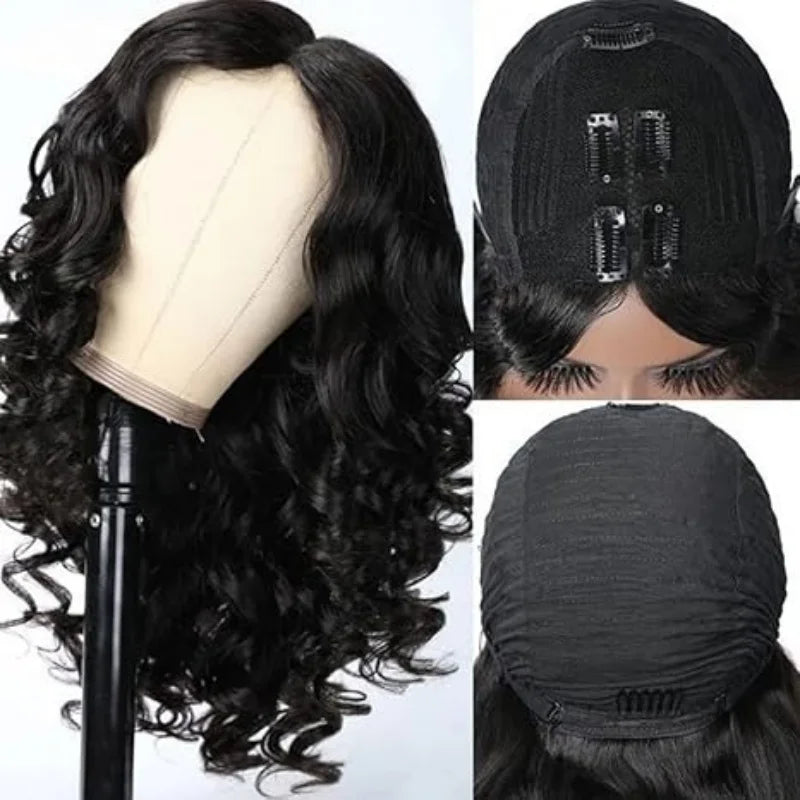 V Part Wig Body Wave Human Hair Wigs For Women Glueless Brazilian Natural Color 220 Density Machine Made V Shape Wigs 30 36 Inch