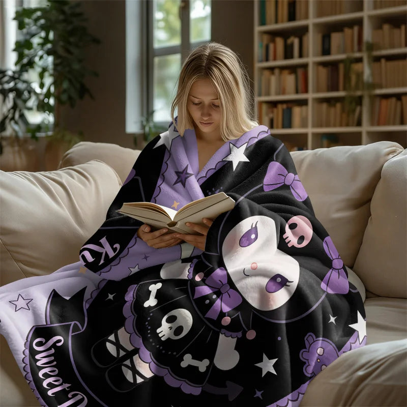 Gothic Kuromi Flannel Blanket Soft Cozy Plush Warm Throw For Sofa Bed Cover Office Nap Shawl Camping Multifunctional Blanket
