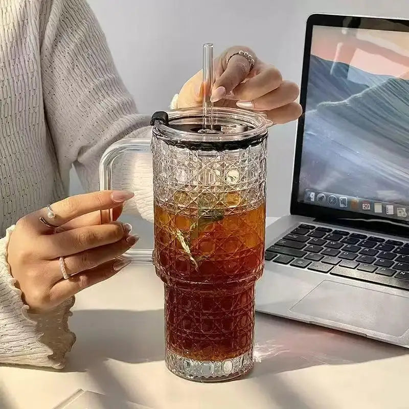 16 Oz Glass Tumbler Cup With Handle,Iced Coffee Cup For Cold/Hot Drinks, Modern Coffee Mug Mason Jar For Smoothies,Juice,Coffee