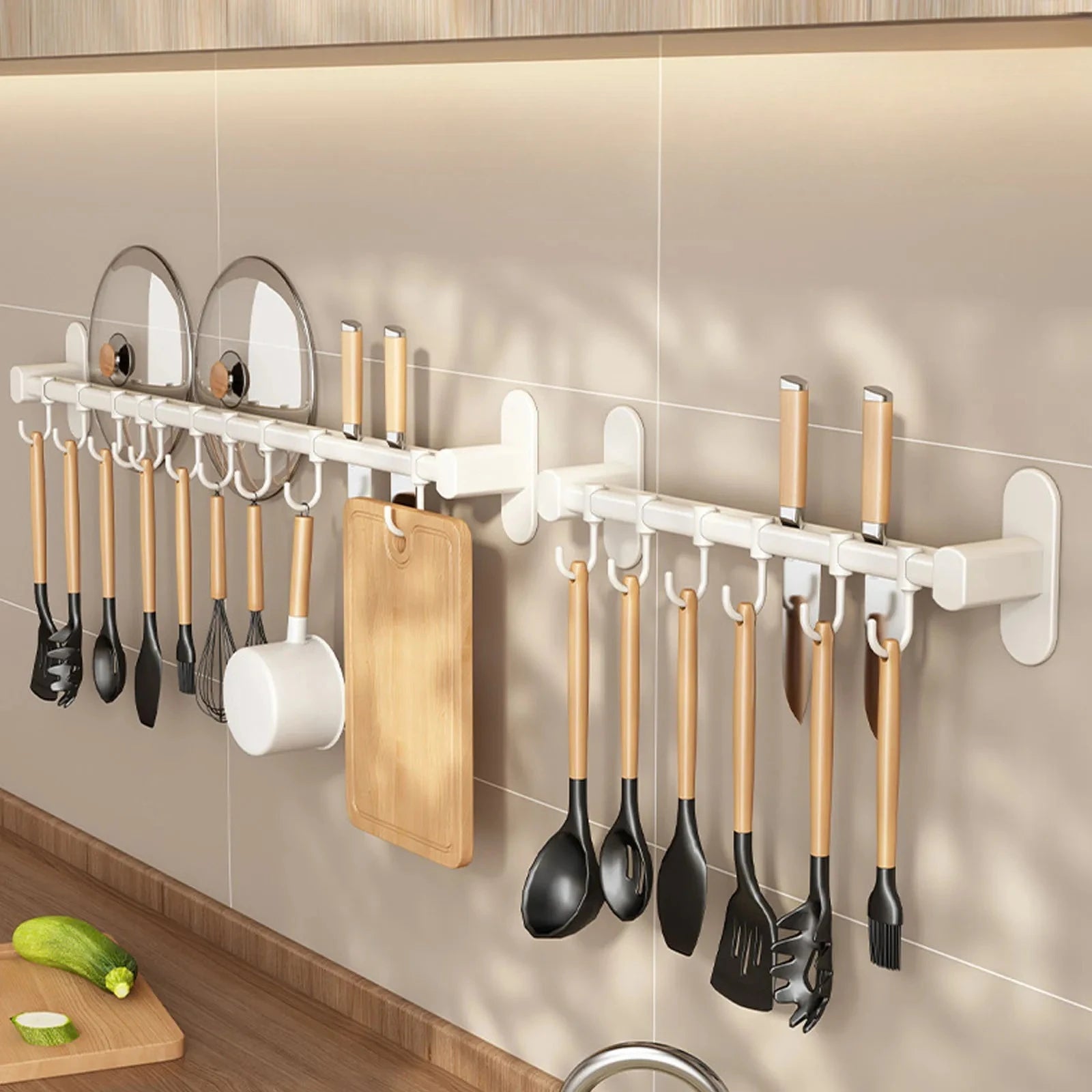 Wall Mounted Kitchen Hook Rack No-Punching Wall Hangers Rail Kitchen Utensils Rack Spoon Shovel Chopping Board Storage Rack