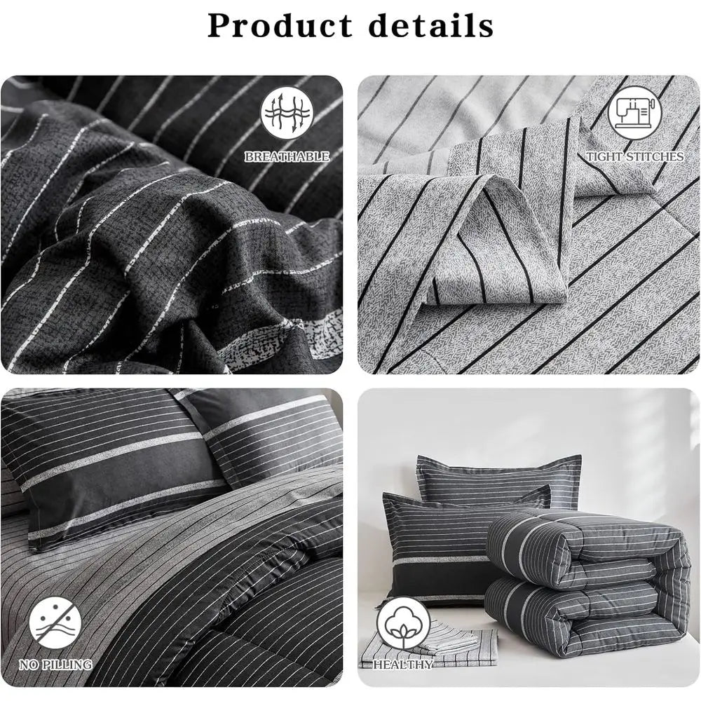 7-Piece Bohemian Striped Queen Bedding Set: White on Dark Gray Comforter with Sheets and Pillowcases