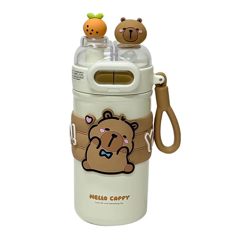 520ml Capybara Simplicity 316 Stainless Steel Vacuum Cup With Straw Strap Double Drink Portable Student Water Bottle