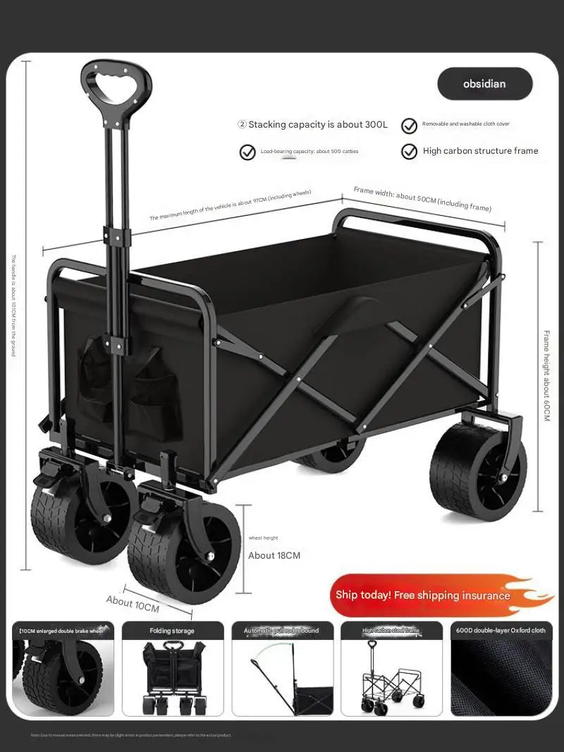 Foldable Large Capacity Bag Camping Cart Thicked Wheels Telescopic Handle Shopping Trolley Camping Trailer