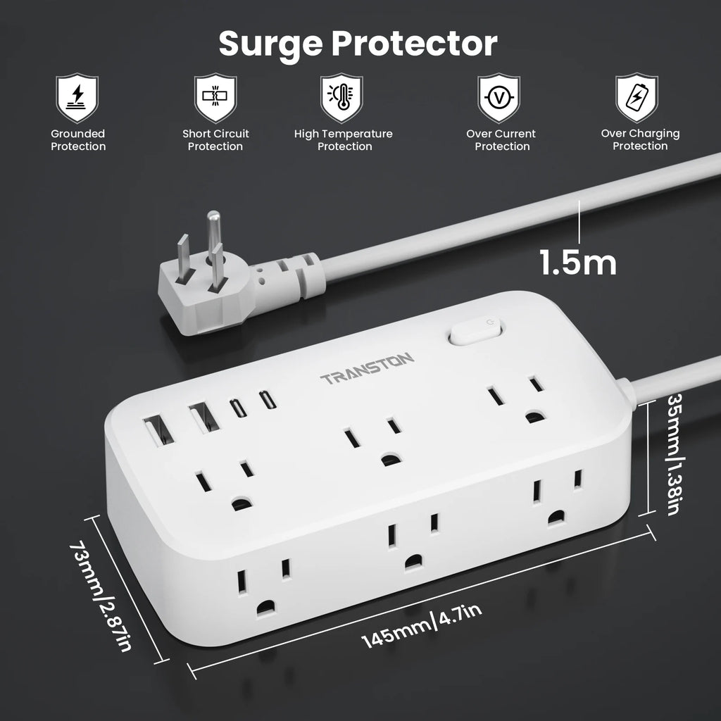 white，power strip surge protector with 6 AC Outlets,2 USB & 2 USB-C Fast Charging Ports,10 in 1,45°tilt plug,Advanced Protection