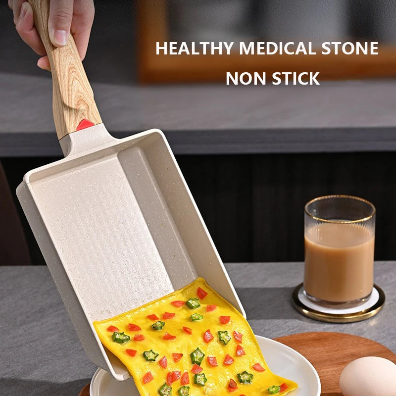 2pcs/Set Tamagoyaki Japanese Omelette Pan with Silicone Spatula Egg Pan Skillet Rectangle Frying Pan Kitchen Cooking Accessories