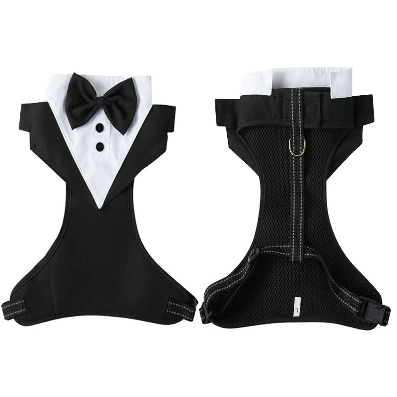 Dog Tuxedo Harness Engagement Birthday Valentines Wedding Costume Adjustable Bow Tie Pet Vest Harness for Small Medium Dogs