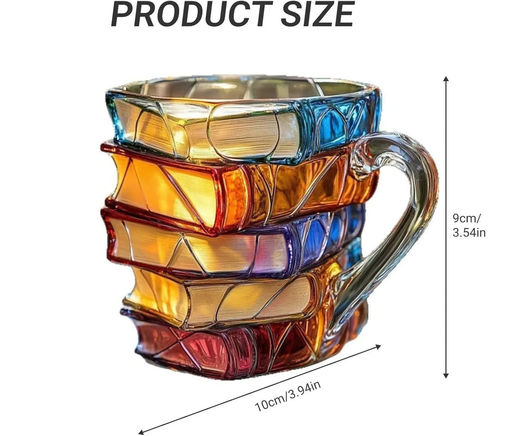 Painted Book Mug, 3D Colored Glass Book Coffee Mug, Novelty Books Stack Coffee Cup Christmas Gifts for Literature Book Lovers