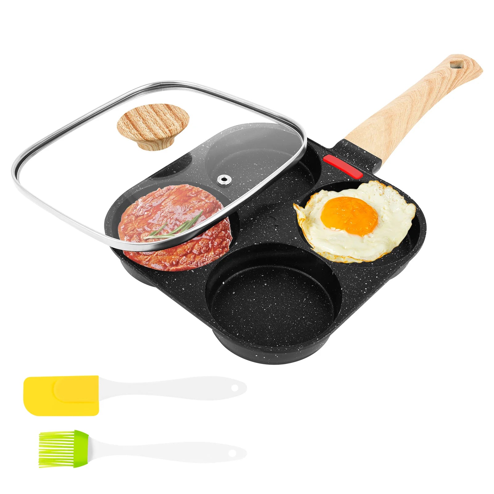 4 Cup Egg Frying Pan Nonslip Omelette Pan Skillet with Oil Brush and Lid Pancake Skillet for Gas Stove Induction Cookware