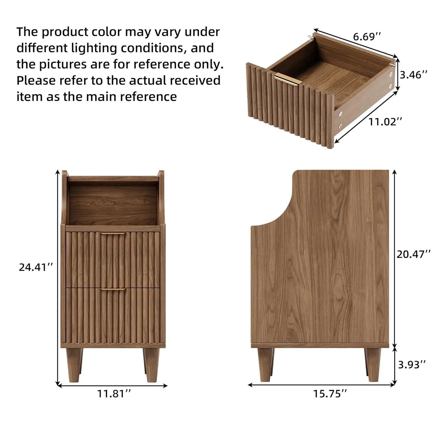 Fluted 2-Drawer Nightstand Set Slim Wooden Mid Century Modern Side End Table for Bedroom Living Room Office, Customized